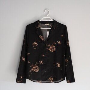 NWT Gentle Fawn Satin Black XS Simone Luxe Floral Buttoned V-Neck Office Blouse